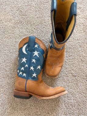 Kids Two-Tone Brown and Blue Western Cowboy Boots with Star & Moon Embroidery